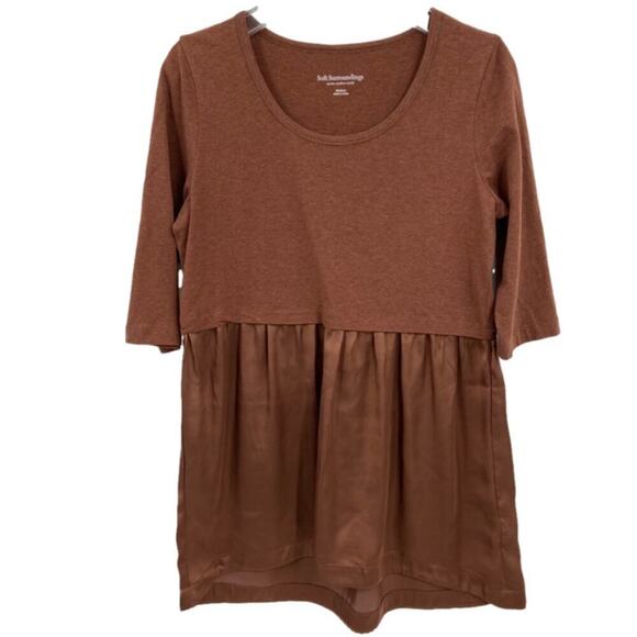 Soft Surroundings Odette Peplum Blouse Size M Brown Tunic Top Mixed Media - Picture 1 of 8